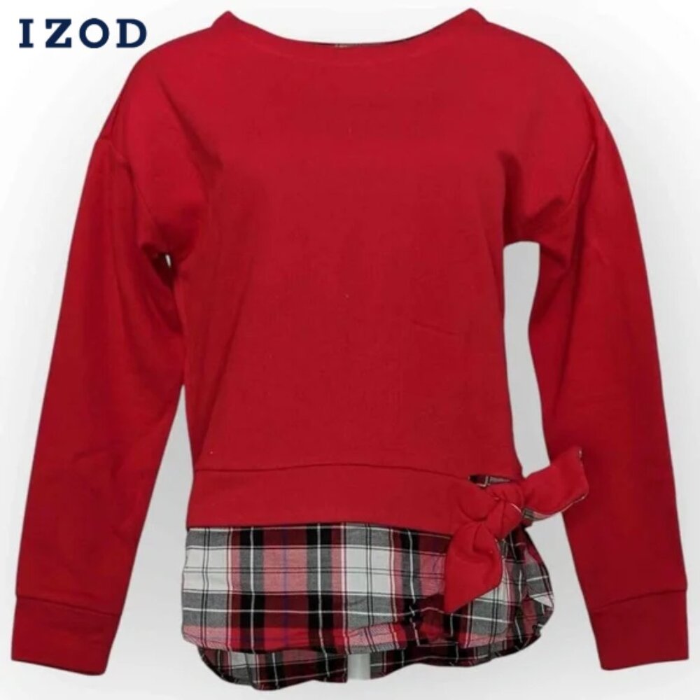 Izod Red & Plaid Layered Sweatshirt Top, Sz S, NWT